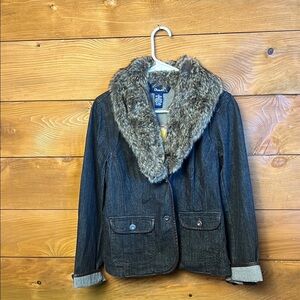Denim & Co‎ Womens Jacket Jean Blue/brown Faux Fur Trim 2 Pockets sm oversized